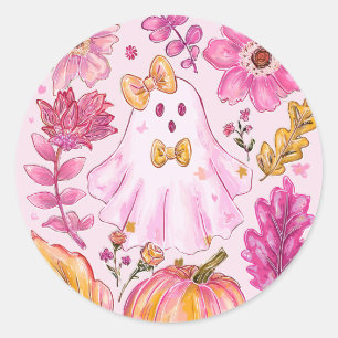 Pastel Pink Halloween Ghost with Flowers and Pumpk Classic Round Sticker
