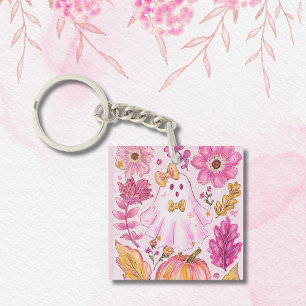Pastel Pink Halloween Ghost with Flowers and Pumpk Keychain