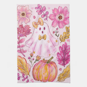 Pastel Pink Halloween Ghost with Flowers and Pumpk Kitchen Towel