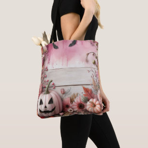 PASTEL PINK HALLOWEEN PUMPKINS & FLOWERS TOTE BAG