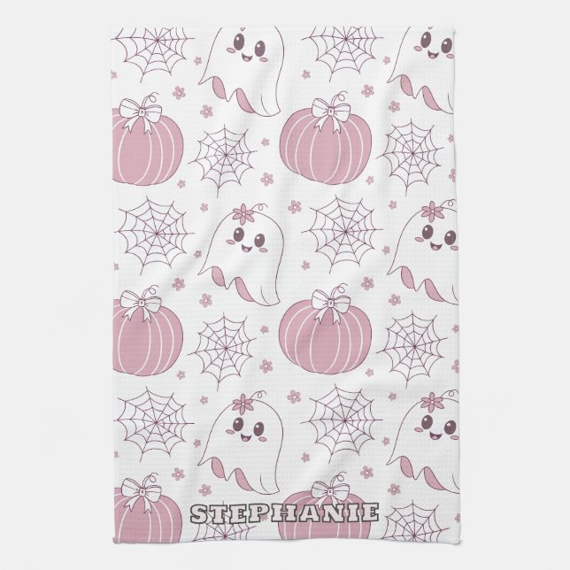 Pastel Pink Halloween Seamless Pattern (3) Kitchen Towel (Vertical)