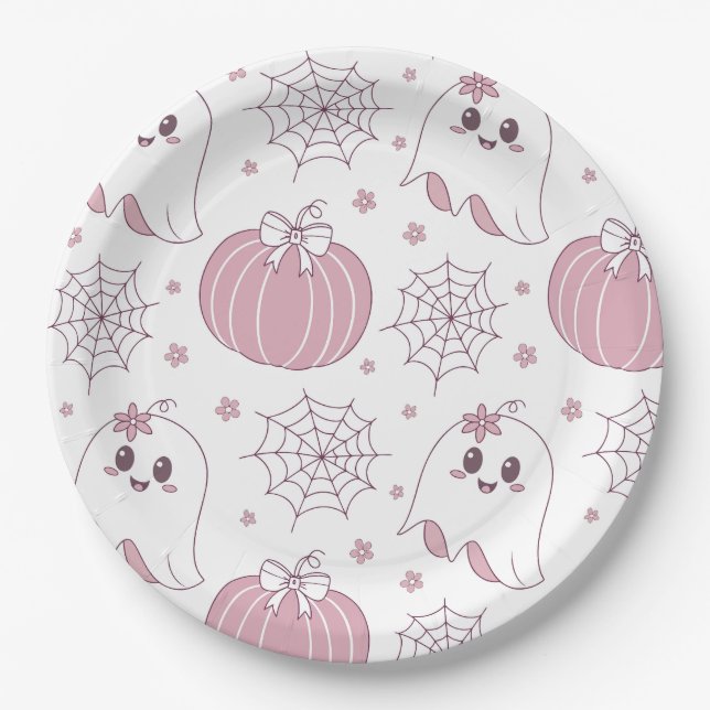 Pastel Pink Halloween Seamless Pattern (3) Paper Plate (Front)