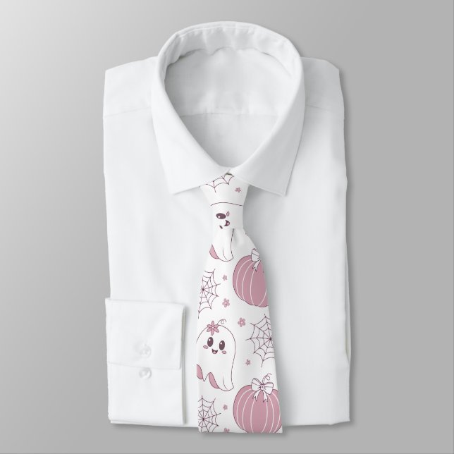 Pastel Pink Halloween Seamless Pattern (3) Tie (Tied)