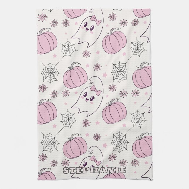 Pastel Pink Halloween Seamless Pattern (4) Kitchen Towel (Vertical)
