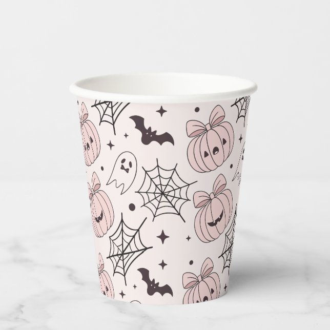 Pastel Pink Halloween Seamless Pattern (5) Paper Cups (Front)