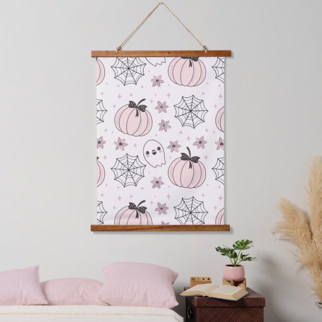 Pastel Pink Halloween Seamless Pattern Hanging Tapestry (Bedroom)