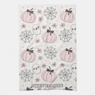 Pastel Pink Halloween Seamless Pattern Kitchen Towel