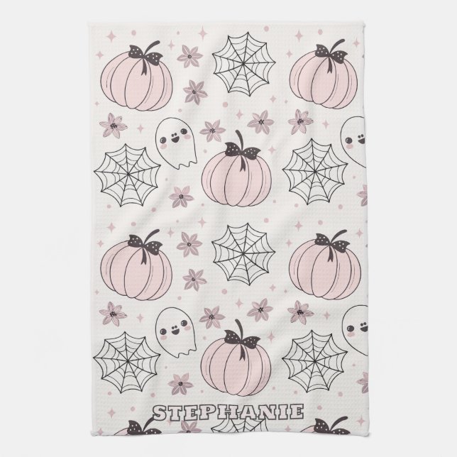 Pastel Pink Halloween Seamless Pattern Kitchen Towel (Vertical)