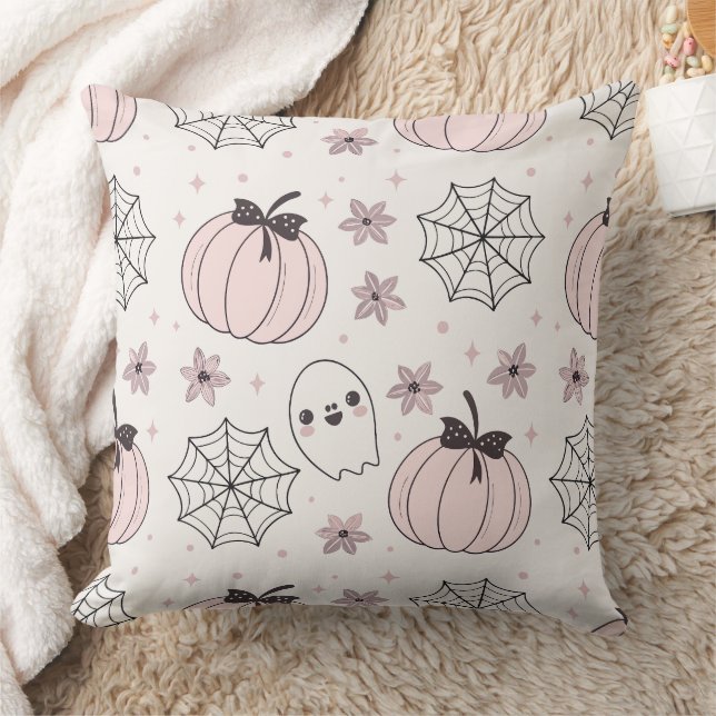 Pastel Pink Halloween Seamless Pattern Throw Pillow (Blanket)