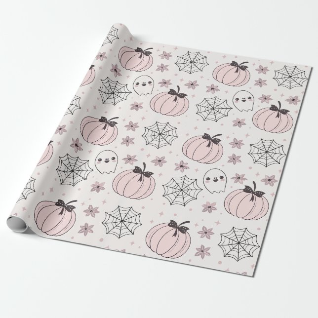 Pastel Pink Halloween Seamless Pattern Wrapping Paper (Unrolled)