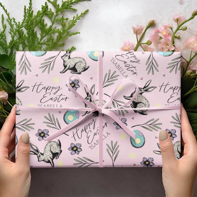 Pastel Pink Happy Easter Bunnies Wrapping Paper (Colorul Pink Happy Easter Wrapping Paper for Kids with Custom Name, Easter Bunnies, Eggs, Flowers...)