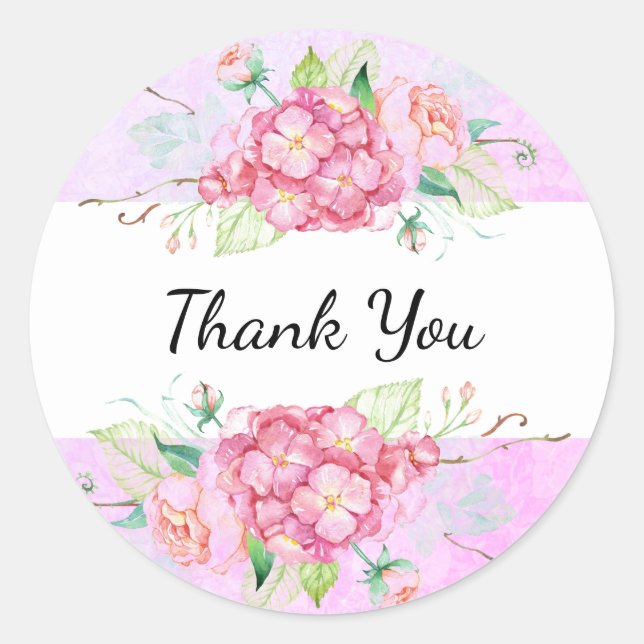 Pastel Pink Hydrangea Flower Thank You  Classic Round Sticker (Front)