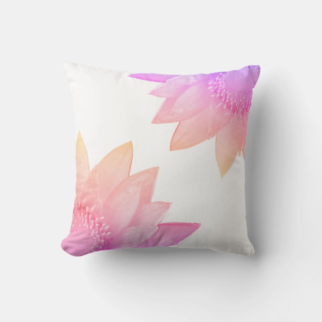 Pastel Pink Lotus Flowers on White Throw Pillow (Front)