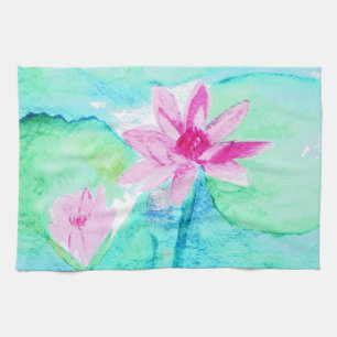 Pastel Pink Lotus Flowers Watercolor Kitchen Towel