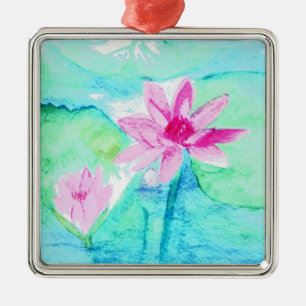 Pastel Pink Lotus Flowers Watercolor Metal Ornament
