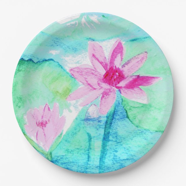 Pastel Pink Lotus Flowers Watercolor Paper Plate (Front)