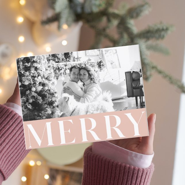 Pastel Pink Merry & Family Photo | Happy Holiday Postcard (Creator Uploaded)