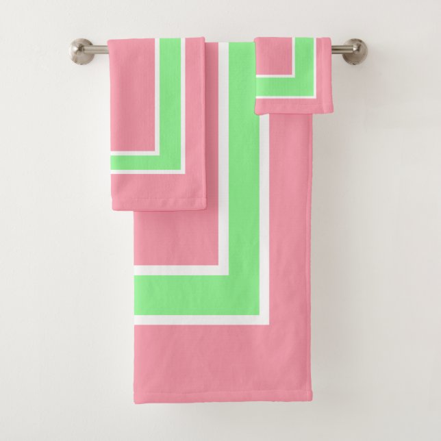 Pastel Pink Mint Green Block Pattern Bath Towel Set (Insitu)
