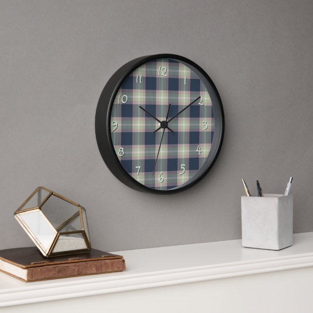 Pastel Pink Mint Green Dark Blue Plaid Pattern Wall Clock (Office)