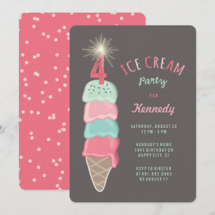 Pastel Pink Mint Ice Cream Girl 4th Birthday Party Invitation