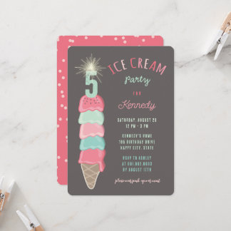 Pastel Pink Mint Ice Cream Girl 5th Birthday Party Invitation
