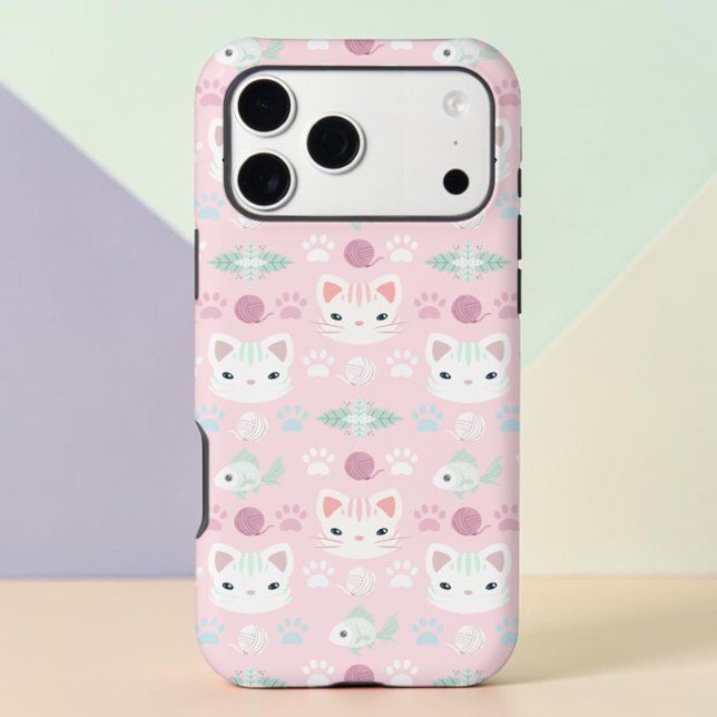 Pastel Pink Mint Kawaii Kitty Cat iPhone Case (iPhone case with pattern of illustrated kitty cat faces in pink and white with paw prints and fish)