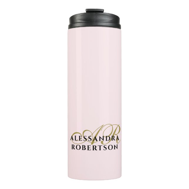 Pastel Pink Monogram Gold Black Minimalist Stylish Thermal Tumbler (Front)