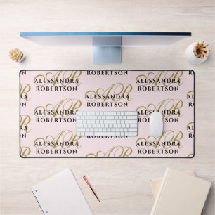 Pastel Pink Monogram Pattern Stylish Gold Black Desk Mat