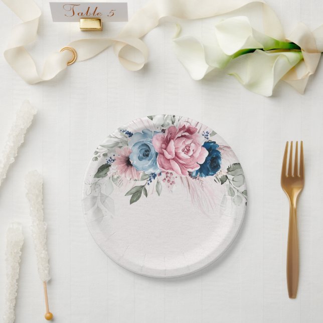 Pastel Pink Navy Blue Pampas Grass Rustic Wedding  Paper Plate (Wedding)