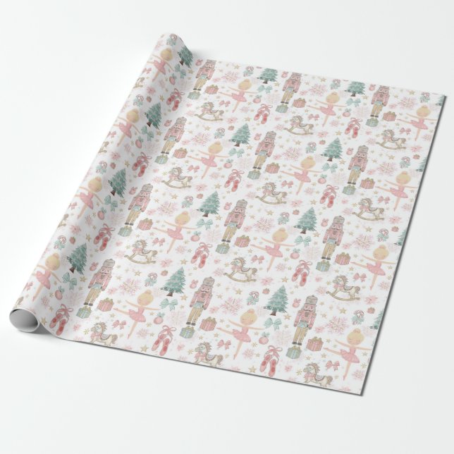 Pastel Pink Nutcracker Christmas Ballet Decoupage Wrapping Paper (Unrolled)
