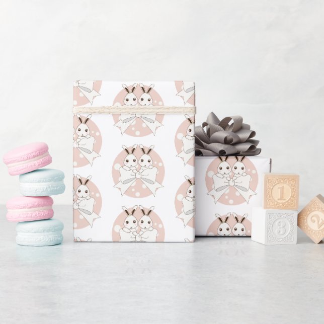 Pastel Pink Off-White Ribbon and Cute Twin Bunny Wrapping Paper (Baby Shower)