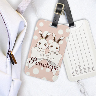 Pastel Pink Off-White Ribbon Cute Twin Bunny Kids Luggage Tag