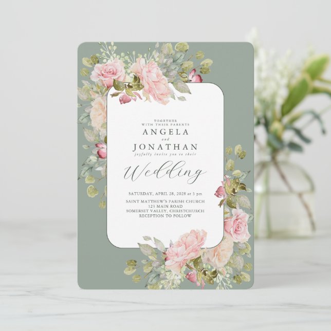 Pastel Pink Olive Green Faire-part de mariage (Debout devant)