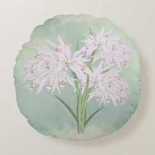 Pastel Pink Orchids on Green Floral Round Pillow