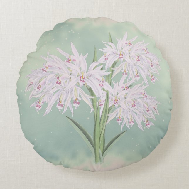 Pastel Pink Orchids on Green Floral  Round Pillow (Front)