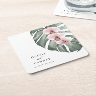Pastel Pink Orchids on Monstera Tropical Wedding Square Paper Coaster