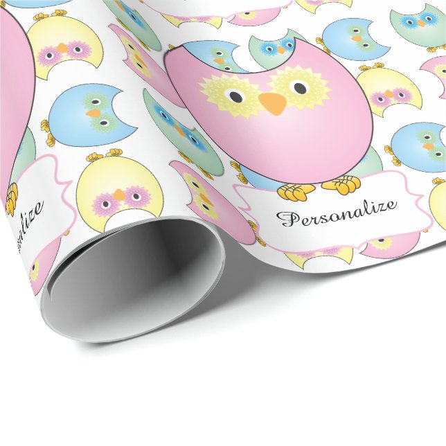 Pastel Pink Owl Baby Shower Theme Wrapping Paper (Roll Corner)