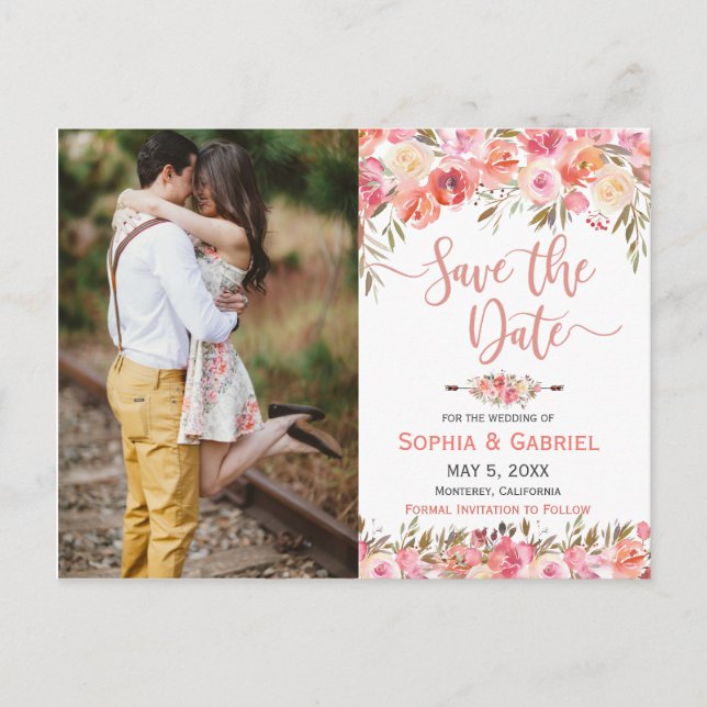 Pastel Pink Peach Rose Floral Photo Save the Date Announcement Postcard (Front)