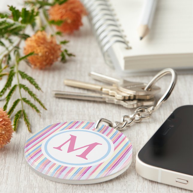 Pastel Pink Pencil Stripes Monogram Keychain (Front Right)