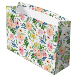 Pastel pink peonies with leafs floral pattern large gift bag
