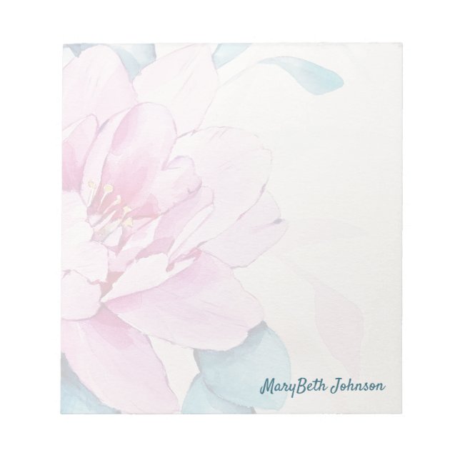 Pastel Pink Peony Watercolor, Feminine Floral Notepad (Front)