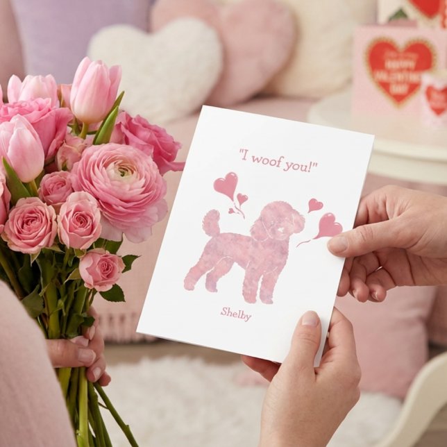 Pastel Pink Poodle - Valentine Personalized Name Holiday Card (Creator Uploaded)