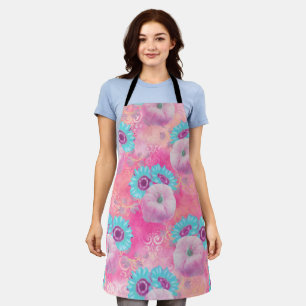 PASTEL PINK PUMPKINS & AQUA MUMS FLOWERS APRON