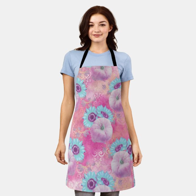 PASTEL PINK PUMPKINS & AQUA MUMS FLOWERS APRON (Worn)