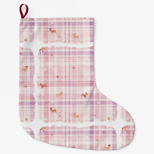 Pastel Pink Puppy Christmas Stocking with Crowns (Front)