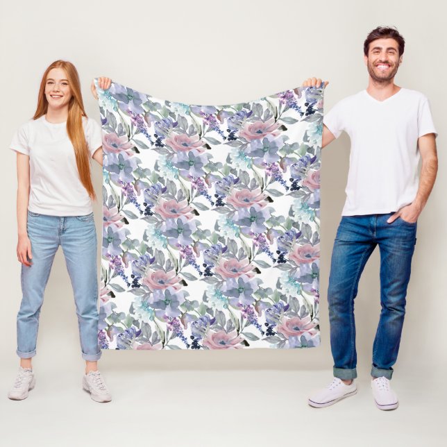 Pastel Pink Purple Dusty Blue Floral Fleece Blanket (In Situ)