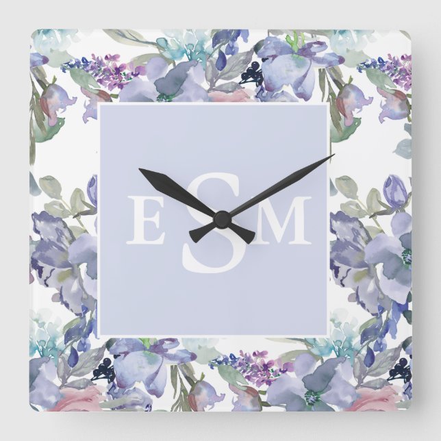 Pastel Pink Purple Dusty Blue Floral Monogram  Square Wall Clock (Front)