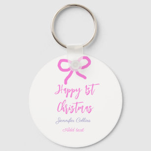 Pastel pink purple happy 1st Christmas bow name da Keychain