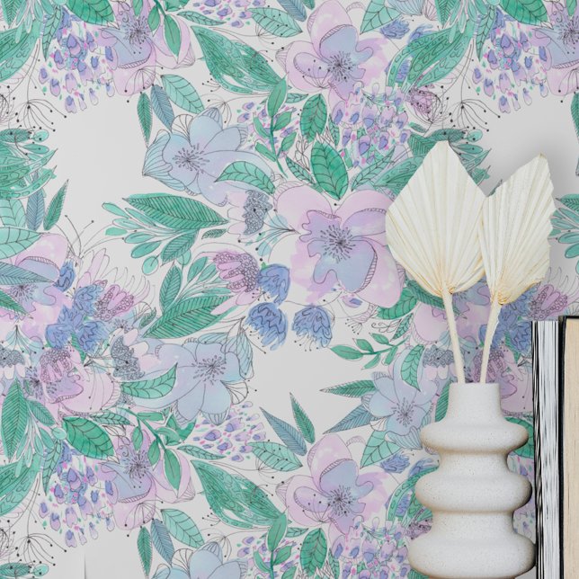 Pastel Pink Purple Mint Boho Watercolor Flowers  Wallpaper (Creator Uploaded)