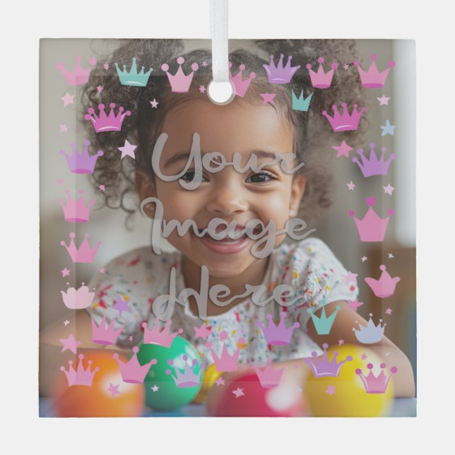 Pastel Pink Purple Princess Crown Photo Border Glass Ornament (Front)
